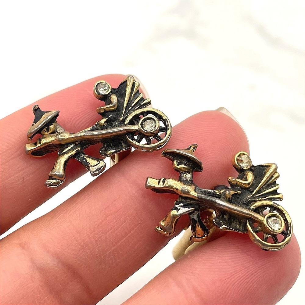 Vintage VTG Novelty Cufflinks Carriage Rickshaw Rider Clear Rhinestone Gold Tone